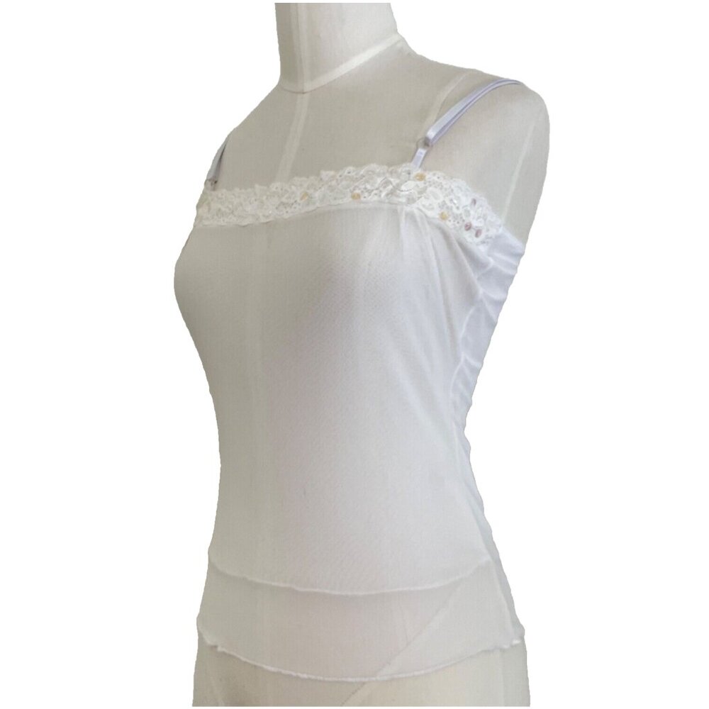 BE MINE Camisole Y2K Mesh Tank Top White Sequins Deadstock NWOT Lace Sz Medium